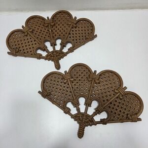 2 Vintage Brown Burwood Faux Wicker Fans Wall Hanging Decor USA Pair VTG